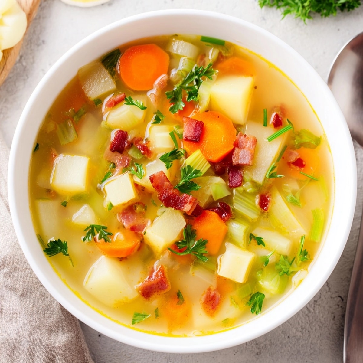 Reichhaltige German Potato Soup, mit Kartoffeln, Gemüse und Speck, dampfend und servierfertig.