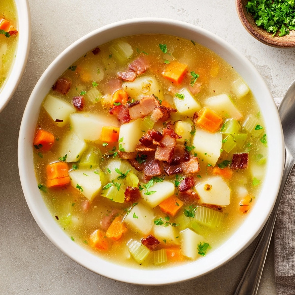 Homemade German Potato Soup köchelt, garniert mit knusprigem Speck und frischer Petersilie, typisch deutsch.