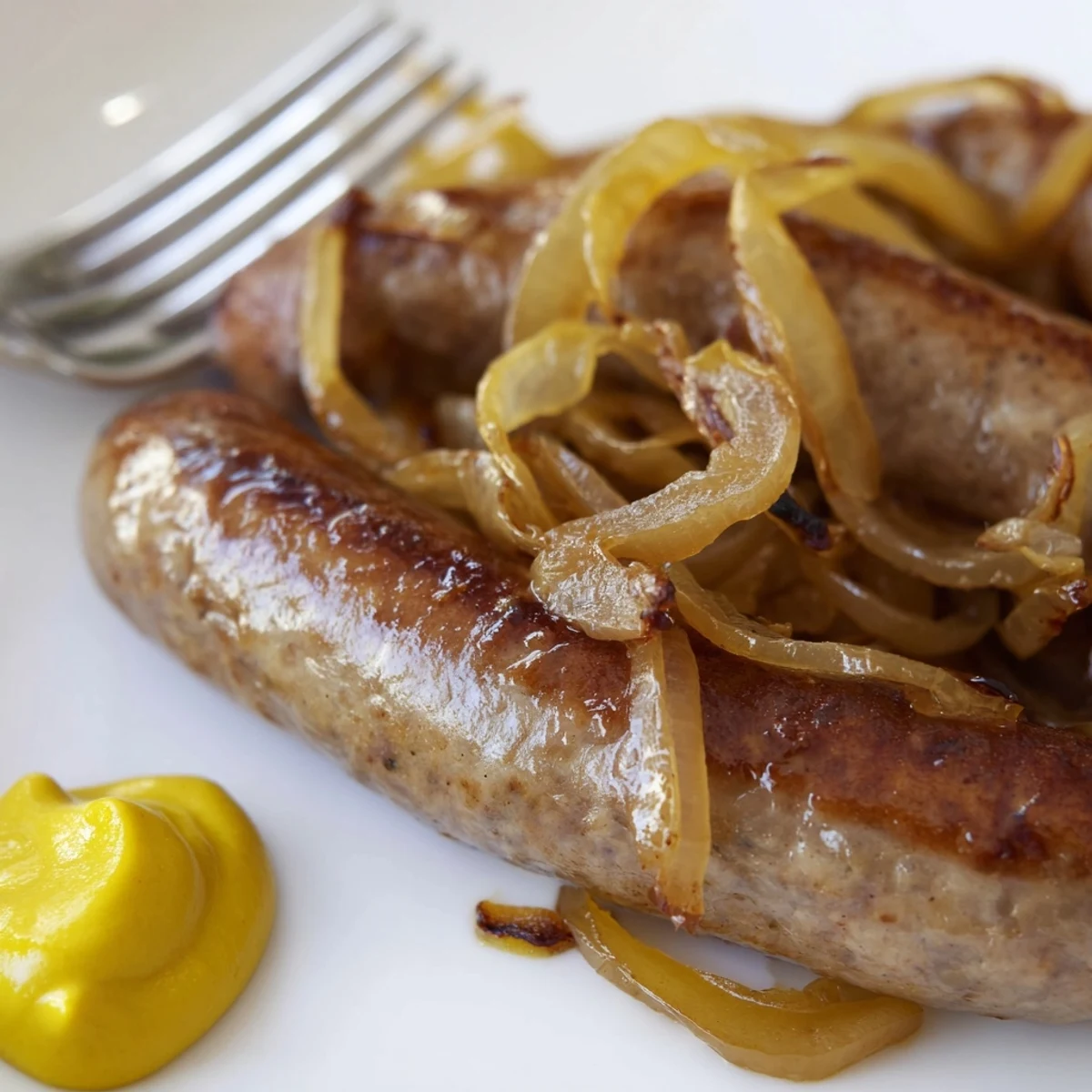 Goldene Bratwurstscheiben, heiß serviert mit Dijon-Senf und frischen Brötchen.