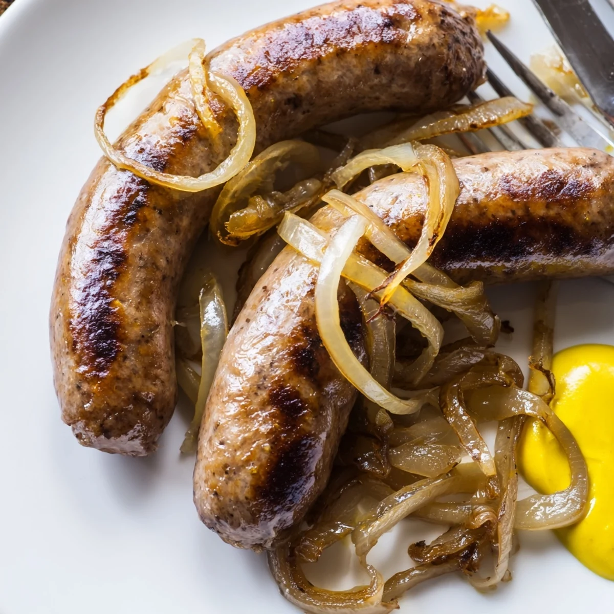 Pan-Fried Bratwurst Zwiebeln Senf