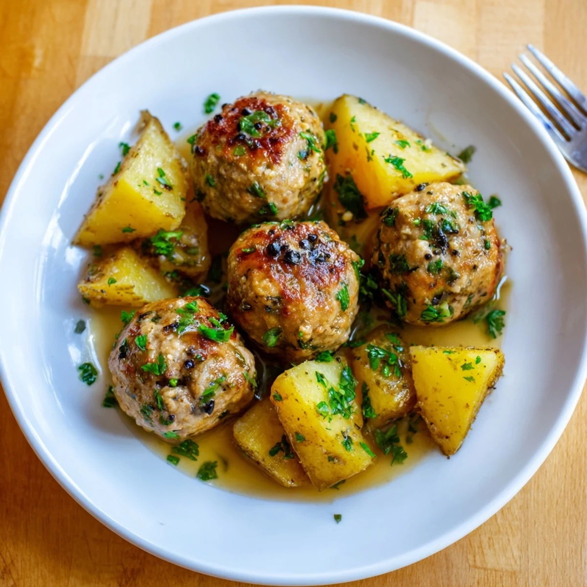 Köstliche Baked Meatballs and Potatoes serviert mit frischer Petersilie und Brühe.
