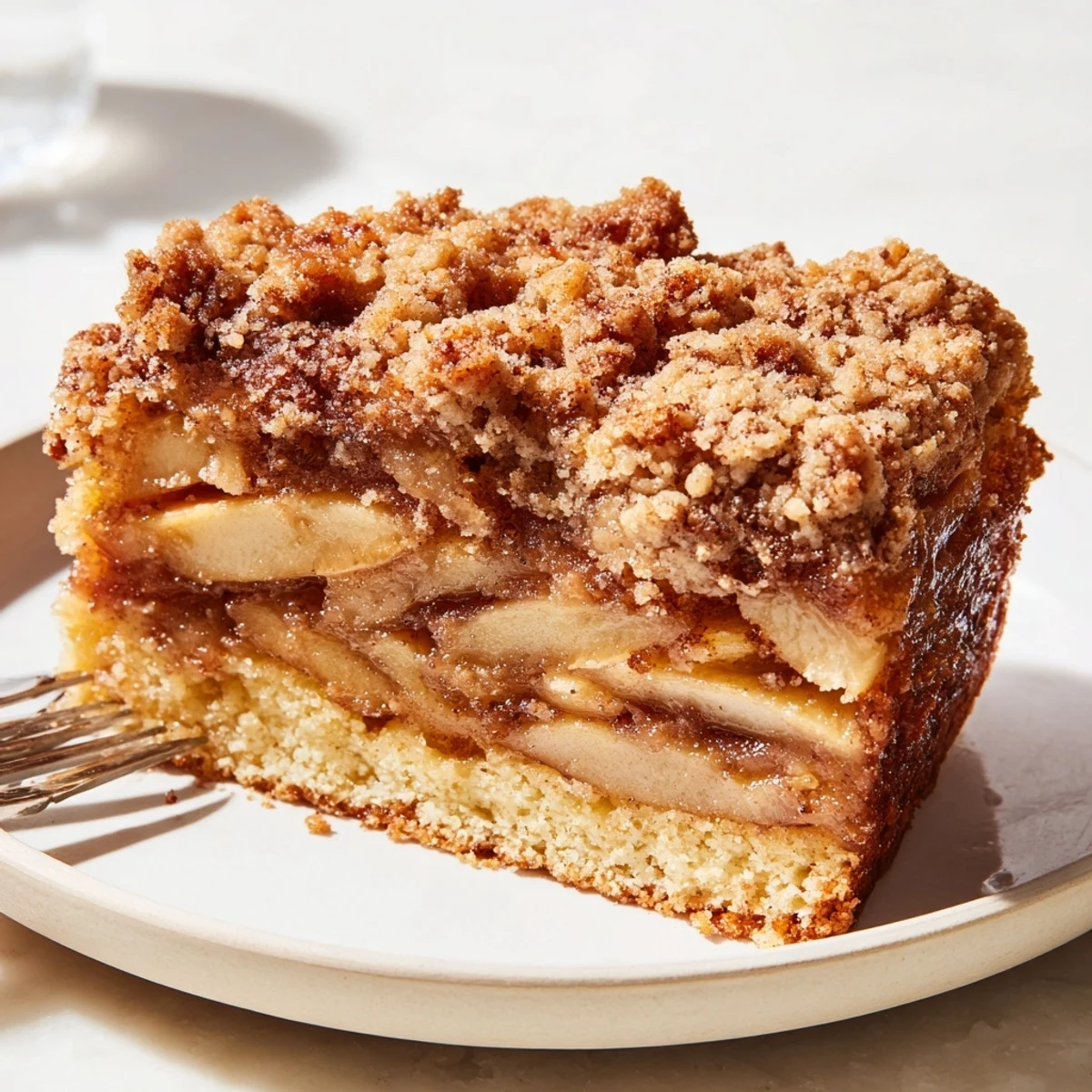 Ein Stück Apple Streusel Cake, goldbraun und köstlich, ideal für Nachmittagskaffee.