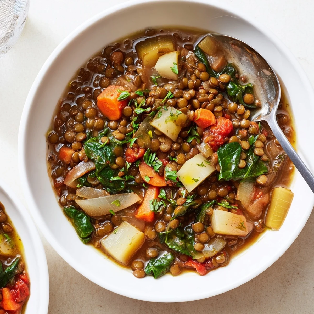 Herzhaftes One-Pot-Linsen-Eintopf mit buntem Gemüse und intensiven Gewürzen.