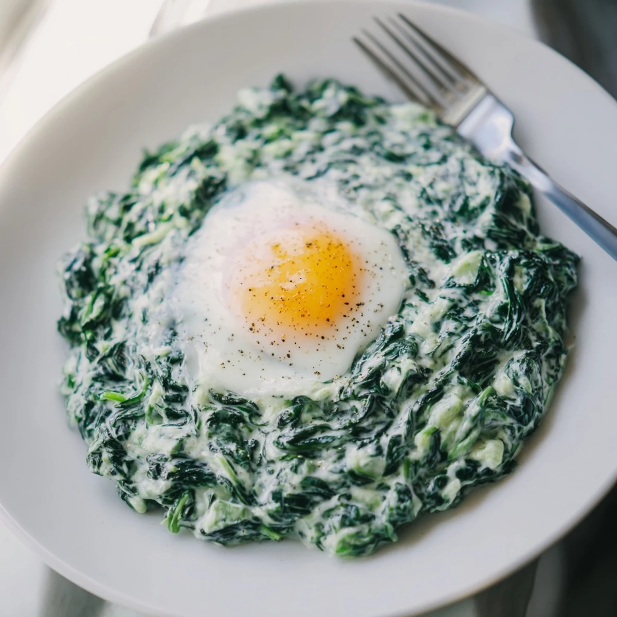 Cremiger Spinat mit einem perfekt gebratenen Ei, ideal für ein herzhaftes Frühstück.  