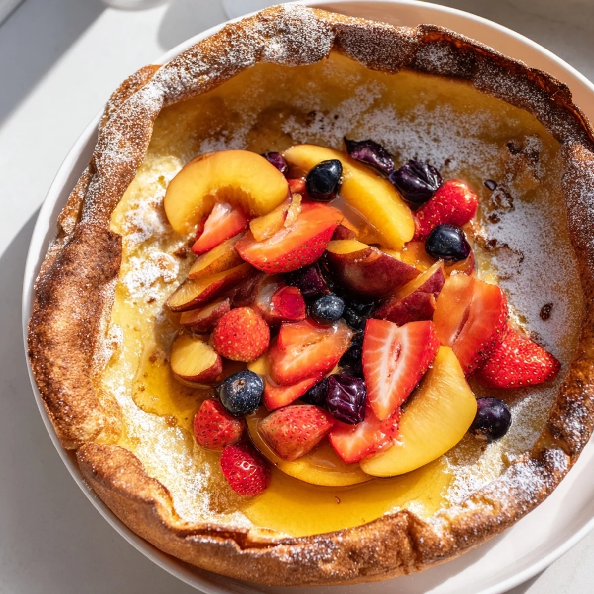 A stack of warm German pancakes with juicy, glistening fruit, perfect for a cozy morning brunch.