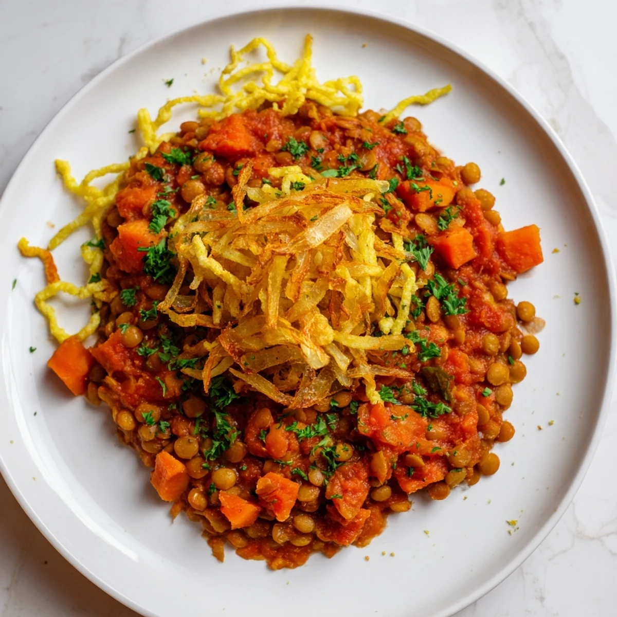 A comforting Vegan German Dahl & Spätzle Bowl, with a close-up of tender spätzle and flavorful lentil dahl.