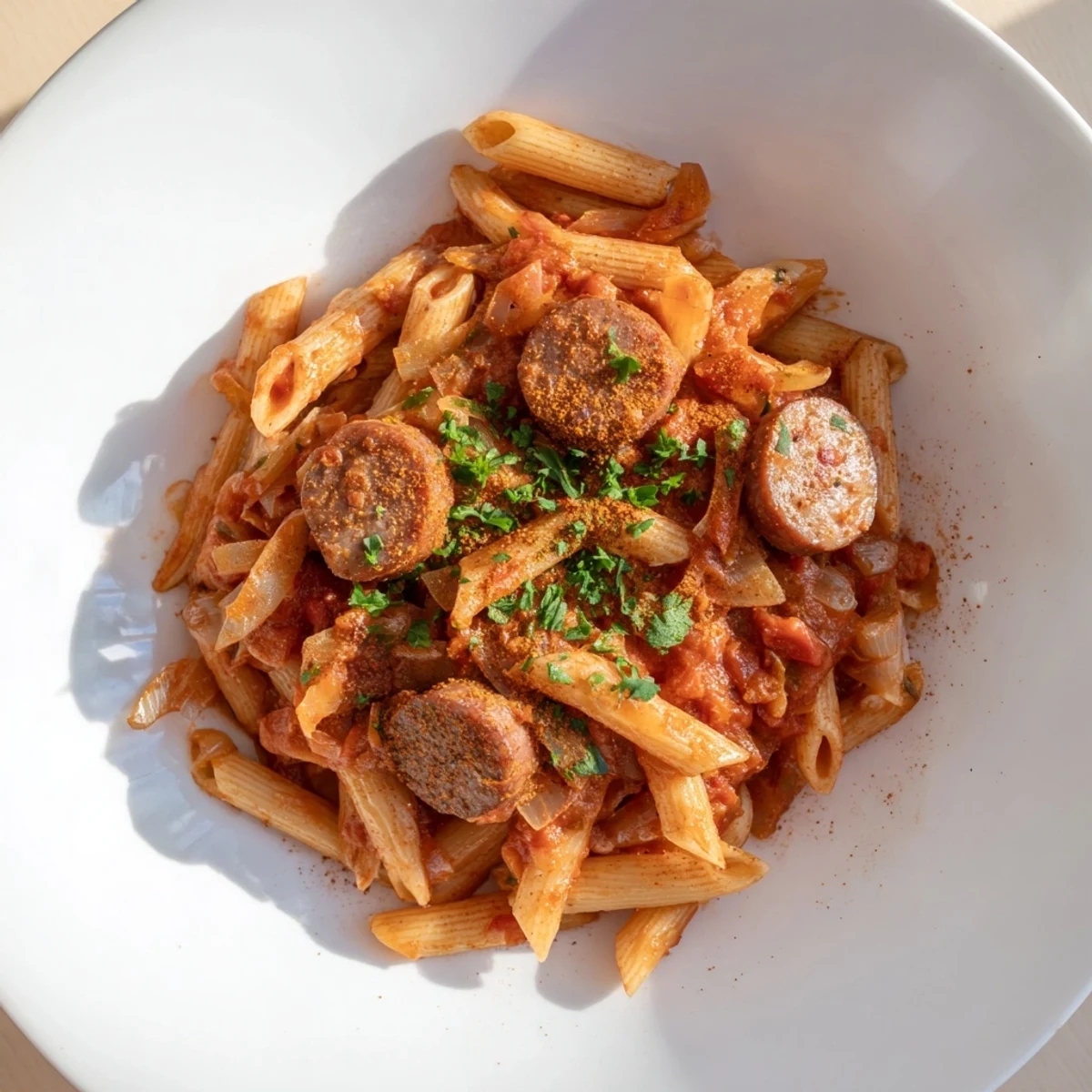 Hearty One-Pot Currywurst Pasta, with perfectly cooked pasta and savory sausage in a rich curry sauce.