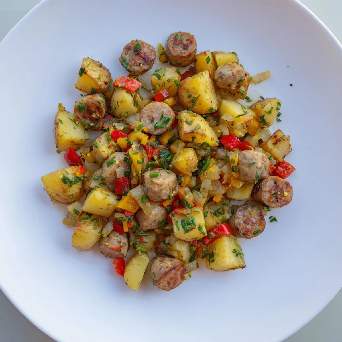Golden potatoes and juicy bratwurst combine in this savory Breakfast Bratwurst Hash with lovely herbs.