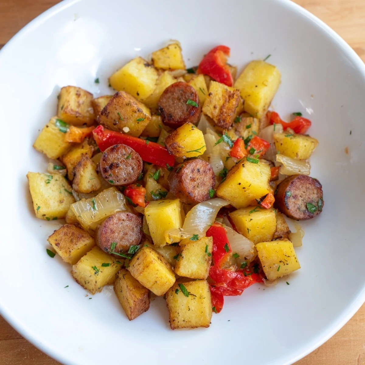 A close-up of a sizzling Breakfast Bratwurst Hash, featuring fried potatoes and browned bratwurst for breakfast.