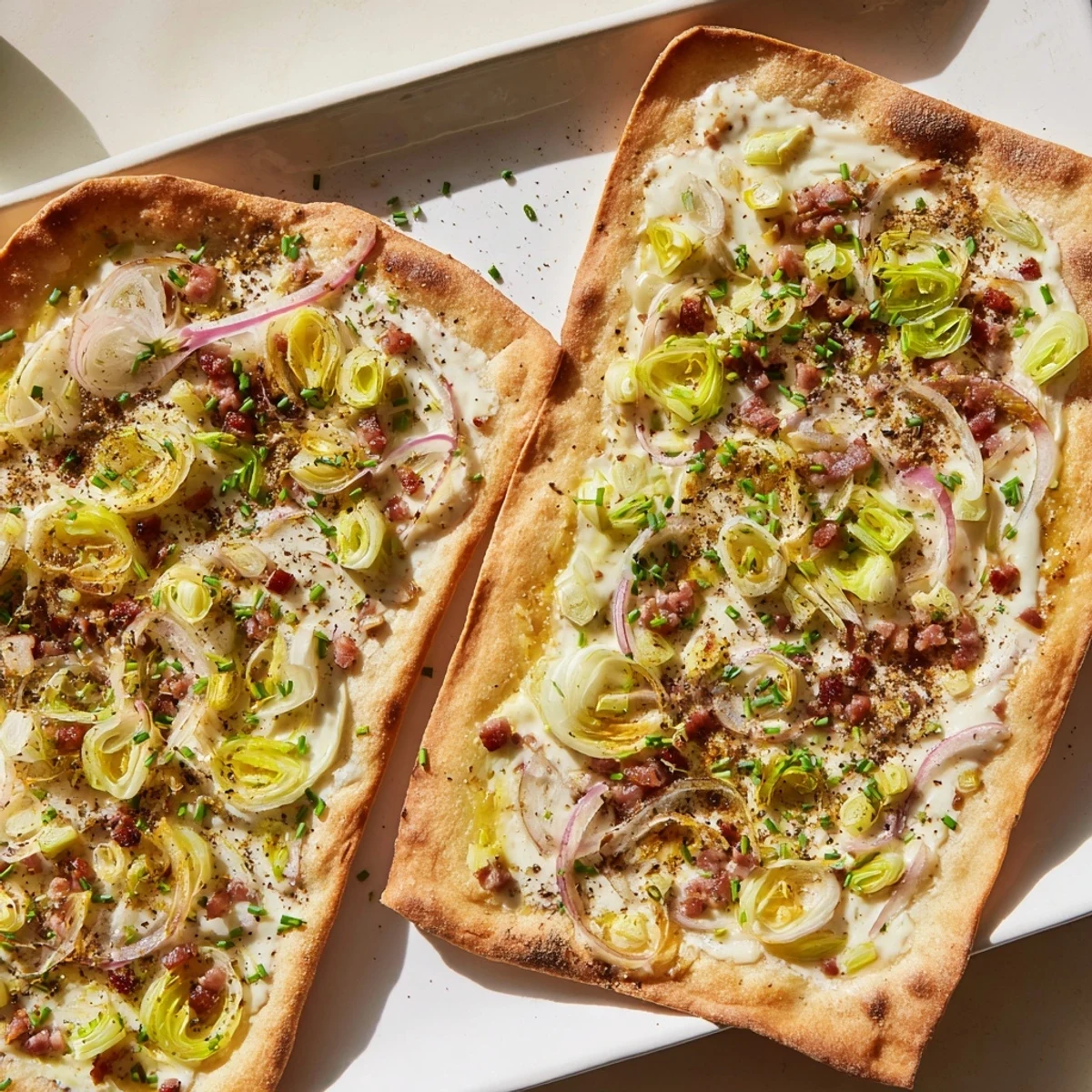 Golden brown Sheet-Pan Flammkuchen, a flatbread loaded with savory bacon and caramelized leeks, ready to serve.