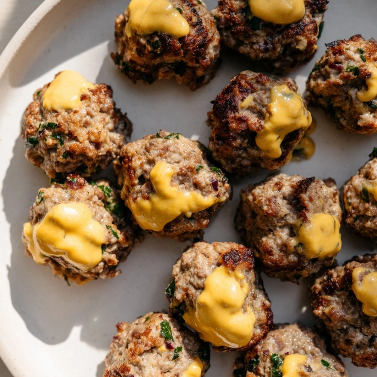 Hearty German meatballs, baked and coated in tangy mustard sauce, with suggested sides of potatoes.