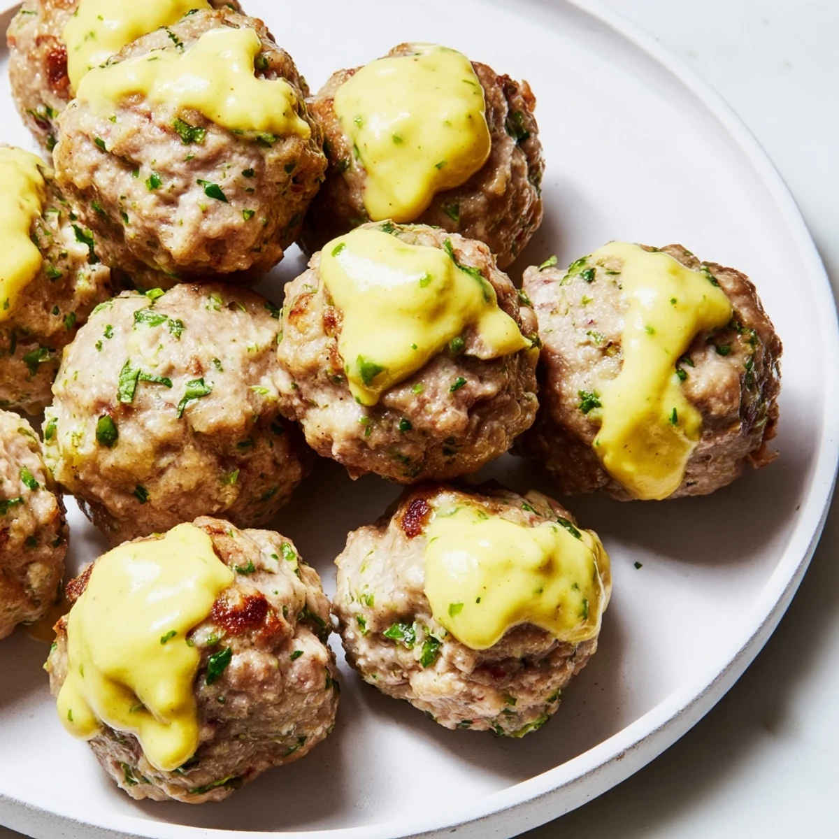 A close-up of tender German meatballs, with a gleaming mustard sauce, perfect for a cozy dinner.