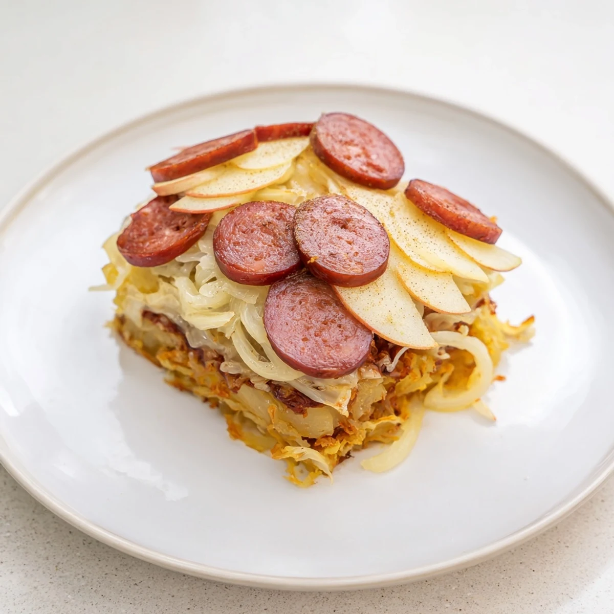 Golden-brown Sauerkraut Casserole with juicy apples and savory sausage, ready to serve this autumn.