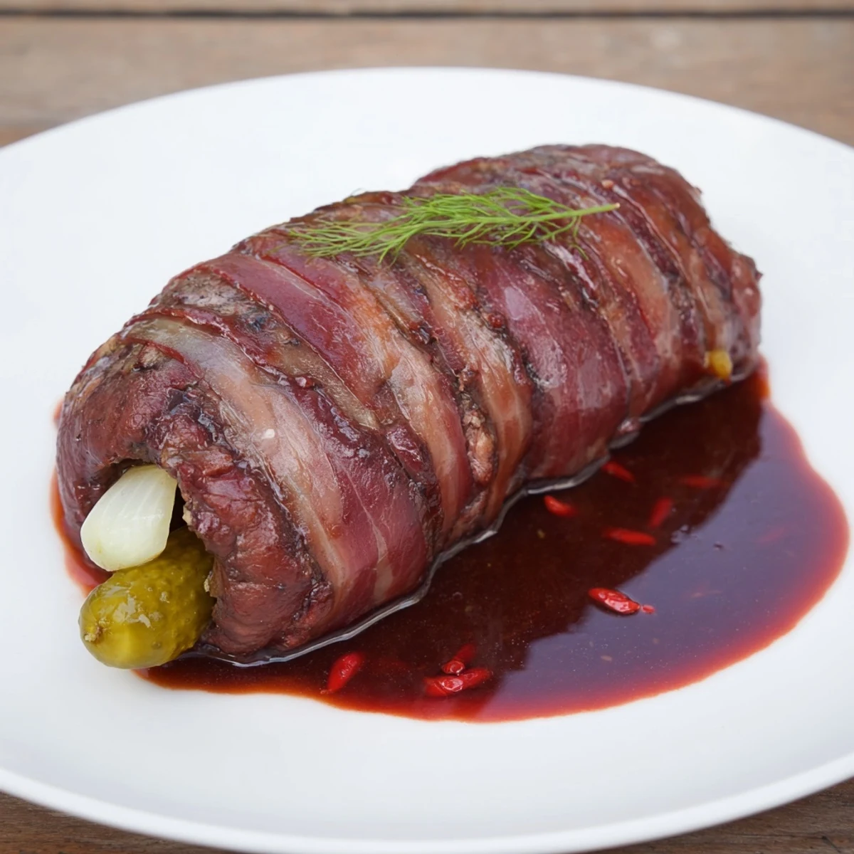 Aromatic braised beef roulades, juicy and tender, resting in a rich goji berry gravy.