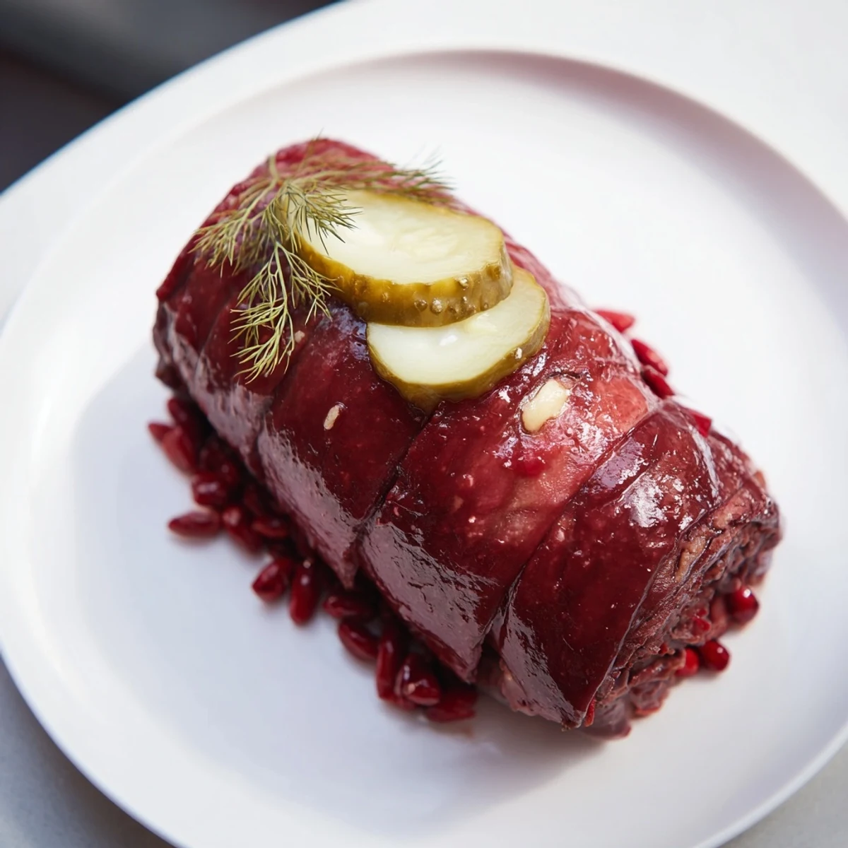 Slow-cooked braised beef roulades swimming in a vibrant goji berry sauce, ready to serve to hungry guests.