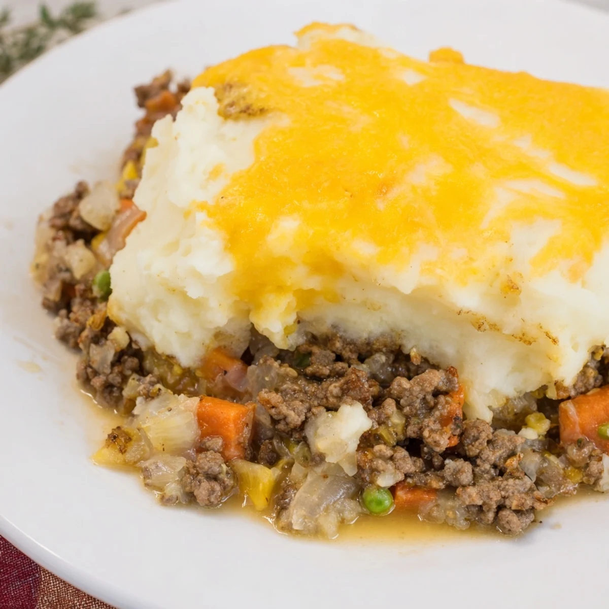 Rustic German Shepherd's Pie with golden, bubbly cheddar mash, ready to serve and enjoy.