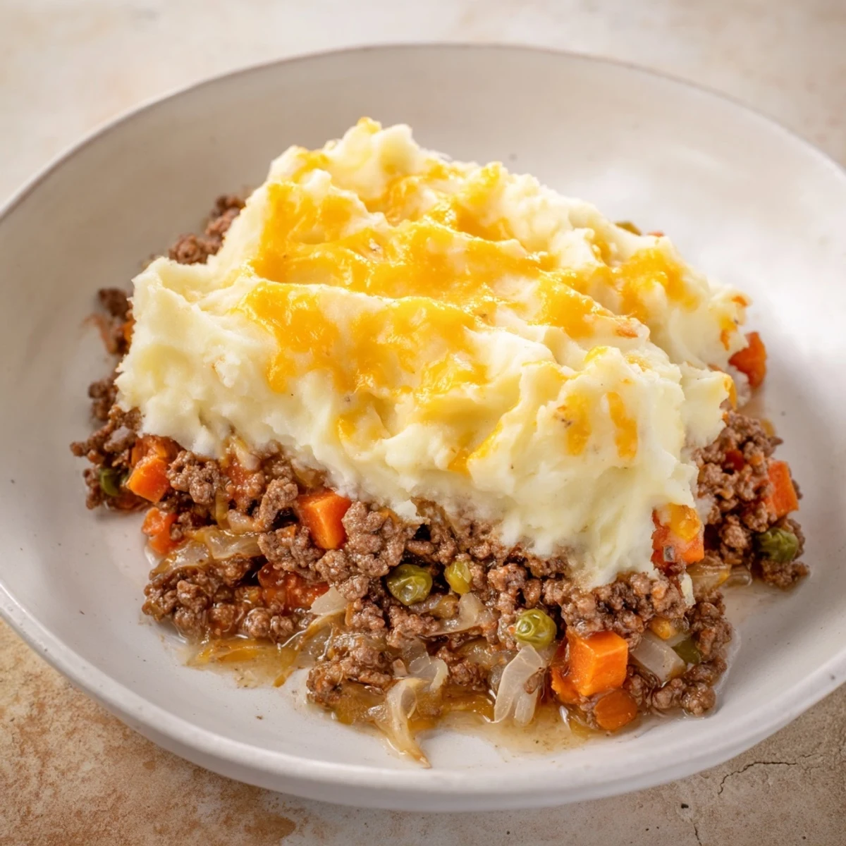 Hearty Rustic German Shepherd's Pie overflowing in a baking dish, a comforting German-inspired meal.