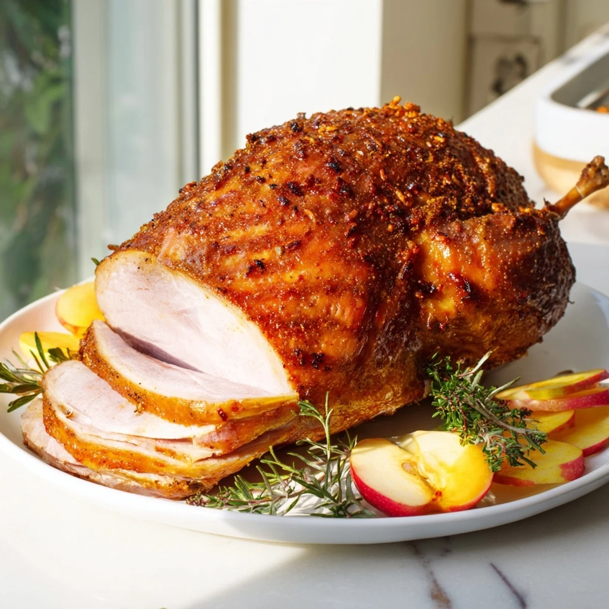 Tender, juicy Festive Roast Goose, served on a platter with roasted vegetables and rich gravy.