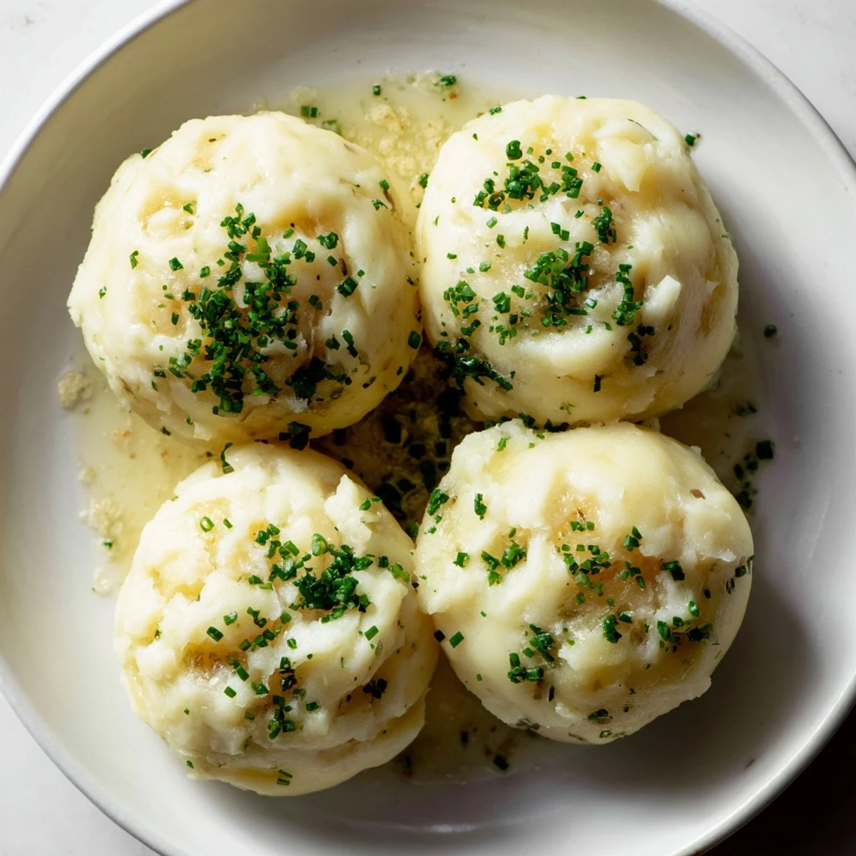 Tender, pillowy potato dumplings from Germany, topped with melted butter and drizzled truffle oil.