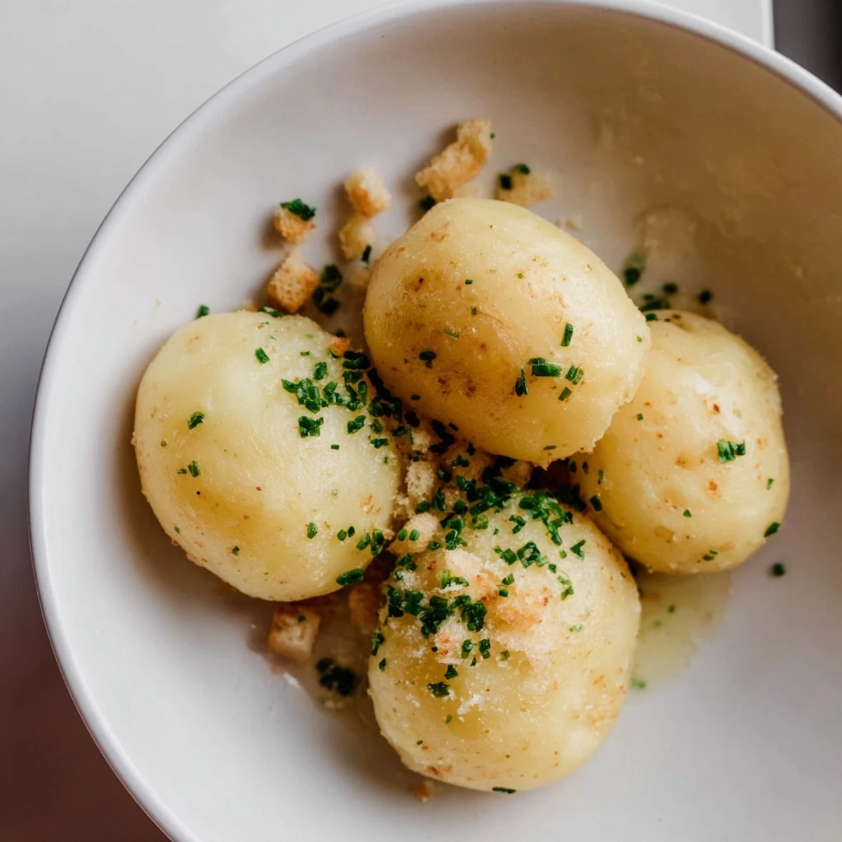 Close up view of golden potato dumplings glistening with truffle oil, ready to serve.