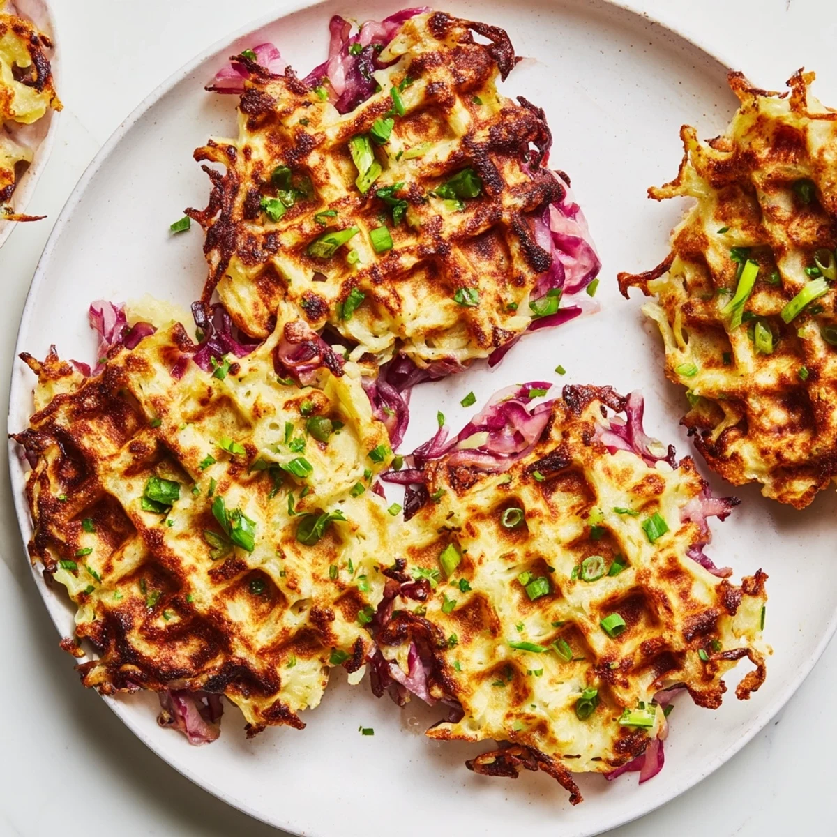 Crispy red cabbage waffles, golden brown and crispy, ready to enjoy with fresh herbs and yogurt.