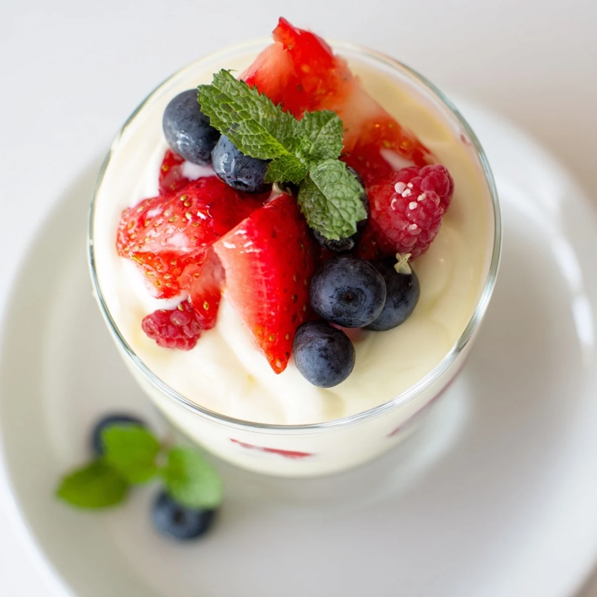 Vibrant Berry Bavarian Yogurt Cups, a layered dessert with fresh berries and creamy yogurt.