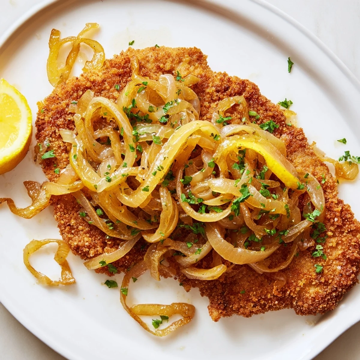 Crispy golden Caramelized Onion Schnitzel, topped with sweet onions, ready to serve with lemon wedges.