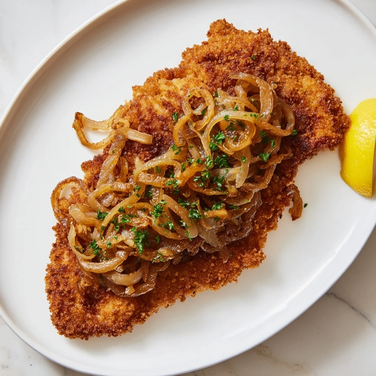A close-up view of a savory Caramelized Onion Schnitzel, showcasing its breaded crust and tender pork.