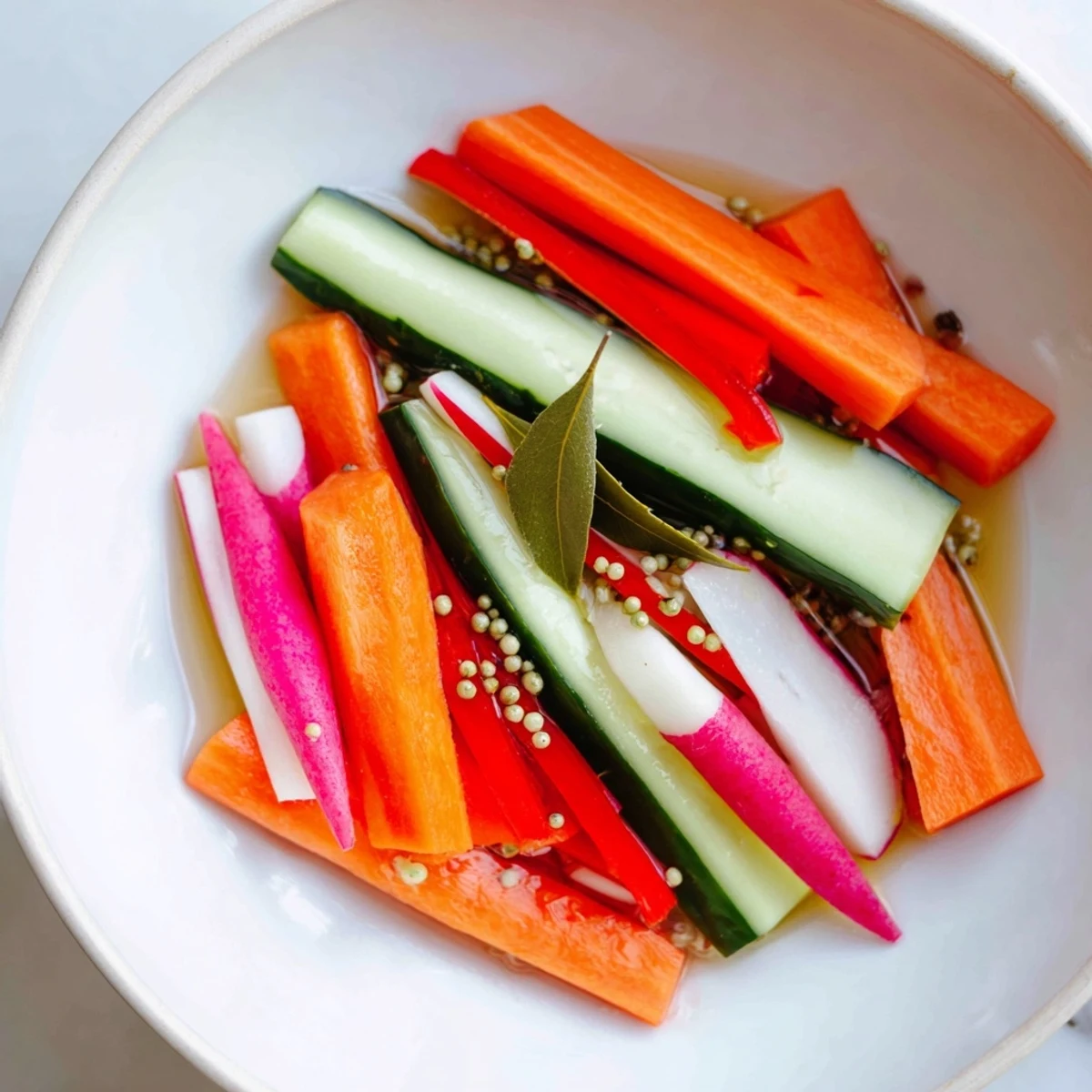 Bright red bell pepper, carrot, and cucumber Quick Pickled Veggie Sticks ready to eat.