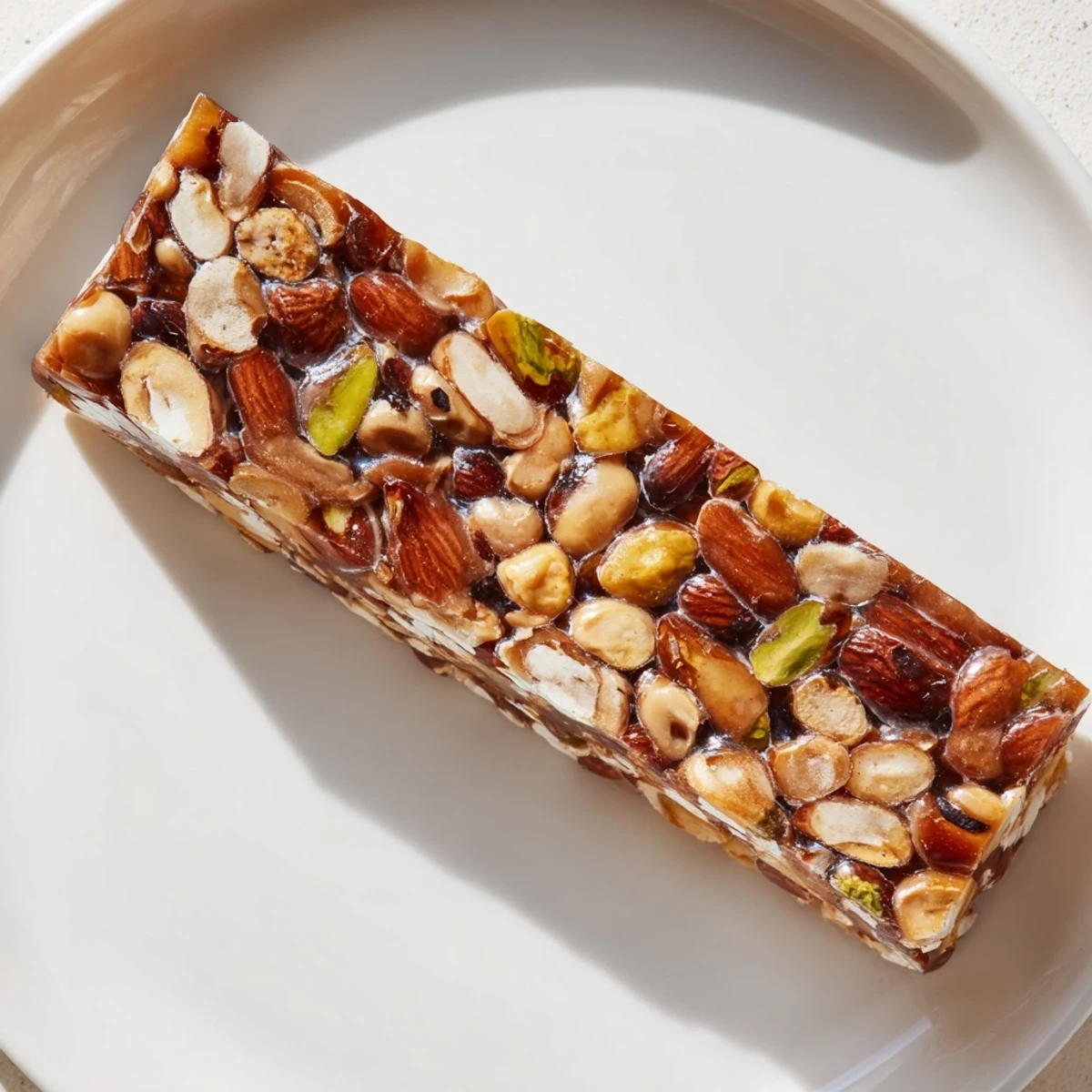 Freshly cut Nutty Nougat Snack Bars arranged, featuring roasted nuts and optional dark chocolate coating.
