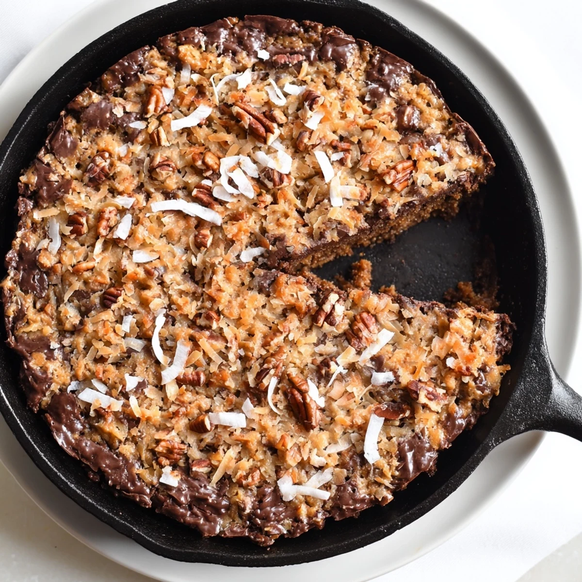 Warm German Chocolate Skillet Cookie, with a gooey chocolate base and sweet coconut-pecan topping.