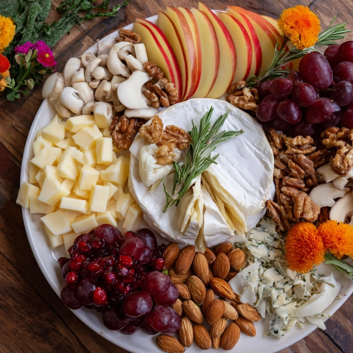 A stunning Woodland Creature Cheese Platter with brie, cheddar, and fresh fruits, ready to serve.