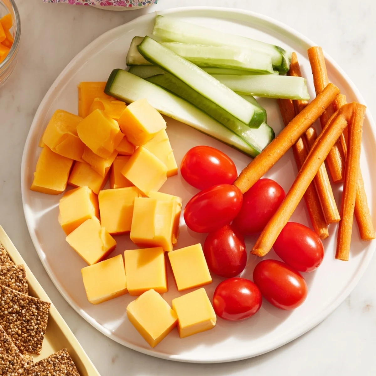 Delicious Fox & Friends snack tray appetizer with fresh grapes, strawberries, and cheddar cheese cubes.