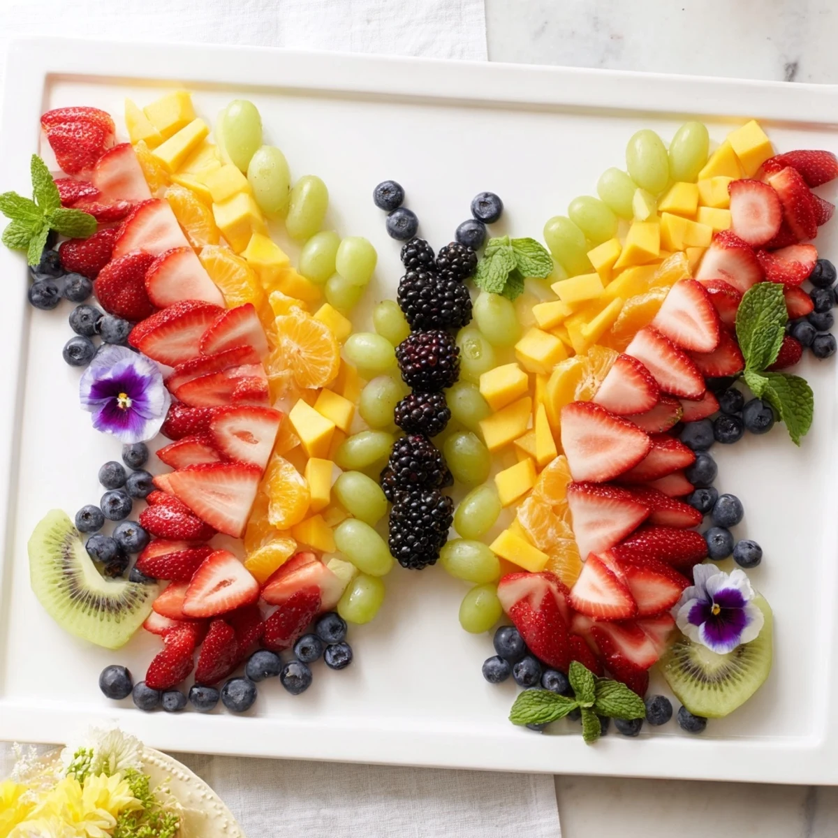 A close-up view of the festive Butterfly Bloom Fruit Board, ready to serve for a brunch.