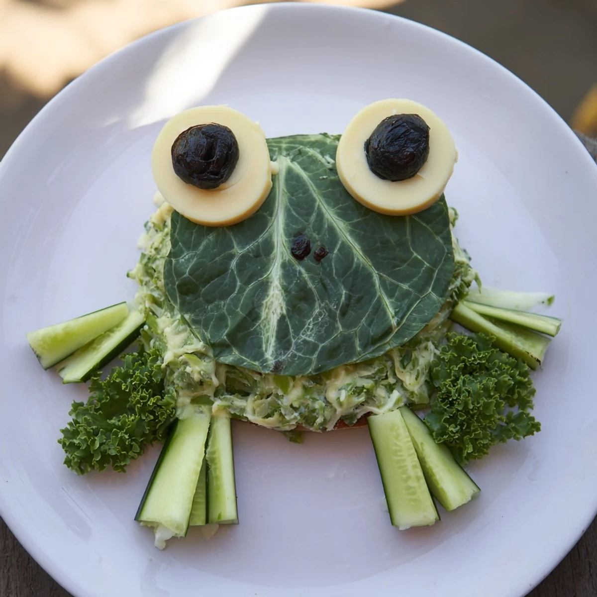 Kid-friendly Frog Pond Snack Tray featuring edible frog faces and fresh, vibrant vegetables.