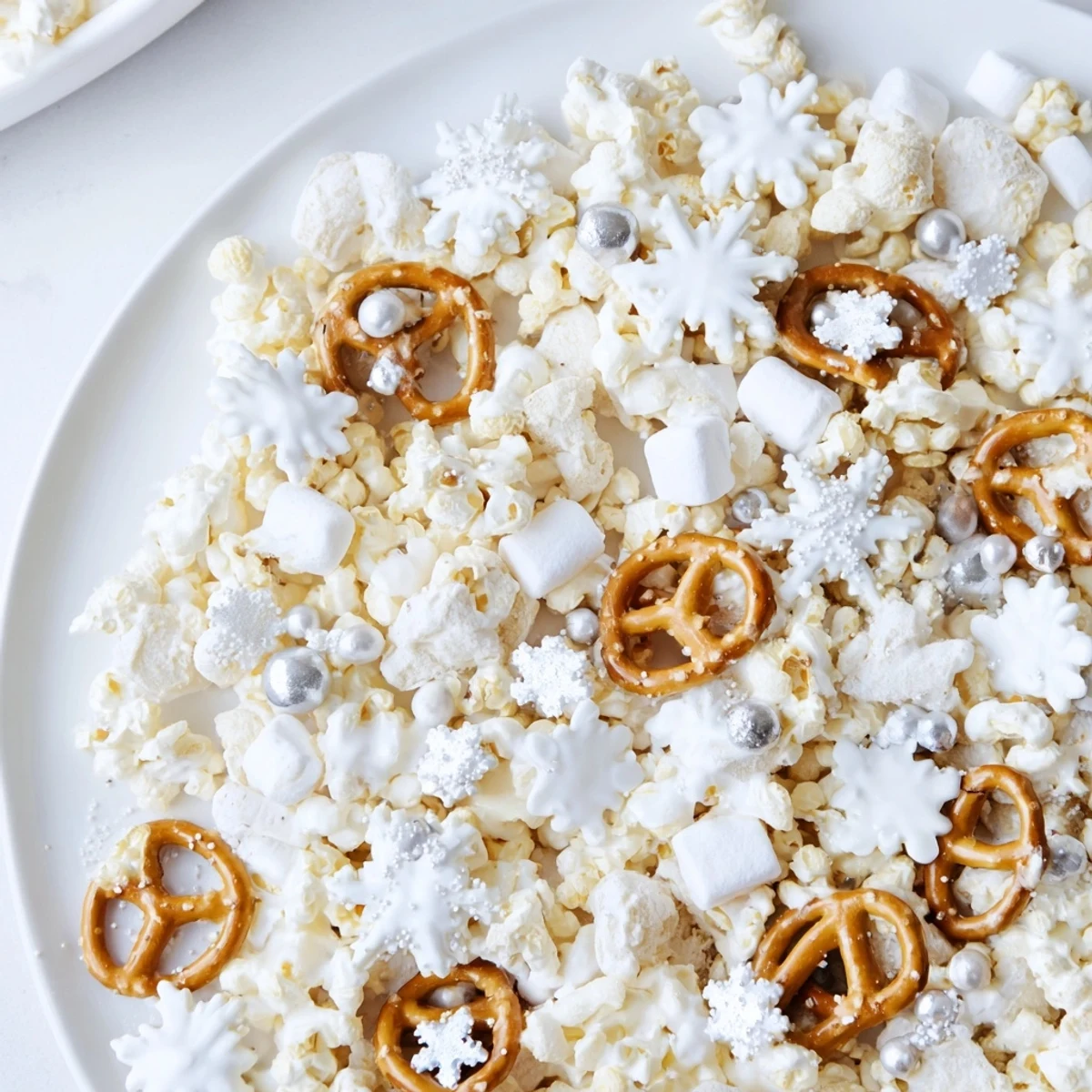 Der Ski Season Snowflake Snack Mix, ideal serviert bei einem gemütlichen Treffen, ist süß und salzig.