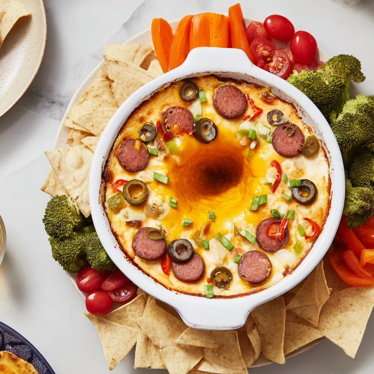 This Lava Flow Volcano Dip Platter features a creamy, spicy cheese eruption with sausage and veggies surrounding.