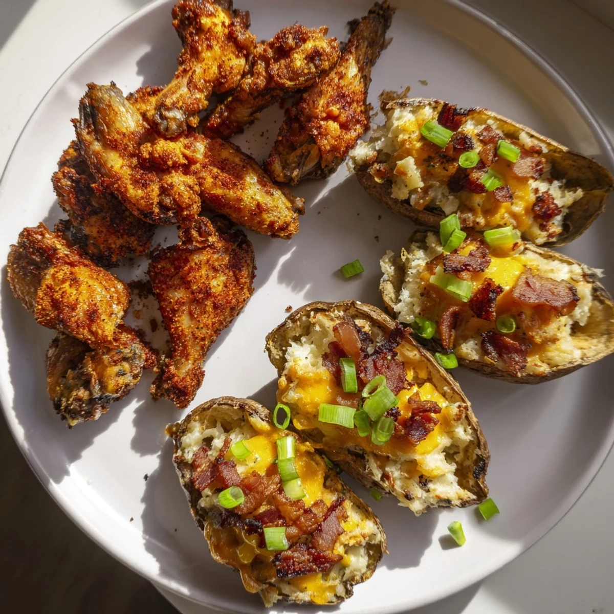 A large, inviting football tailgate spread boasts crispy wings, loaded potato skins, and smoky sausages.