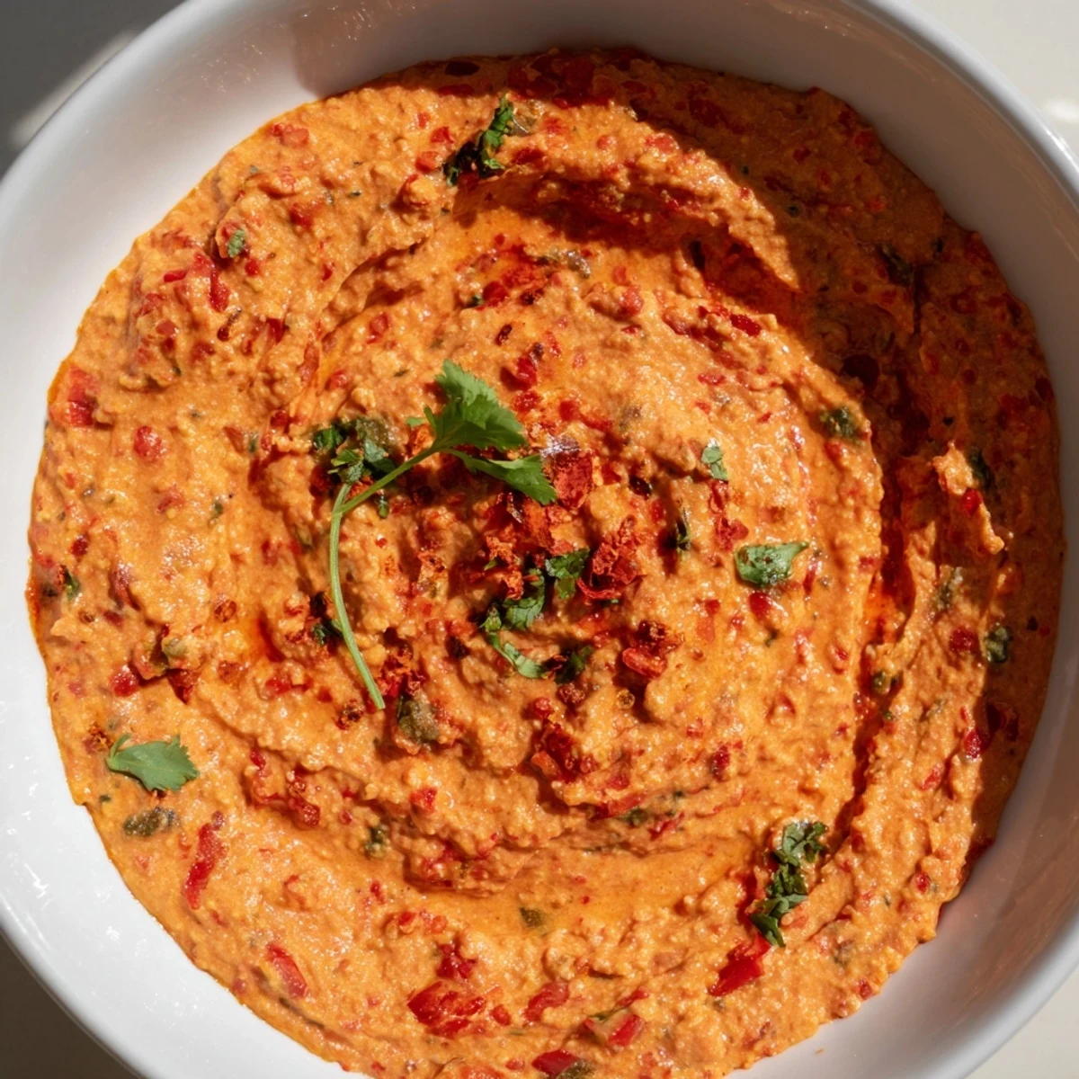 Deep red Volcanic Lava Spicy Dip swirled with Greek yogurt, ready to be served with pita chips.
