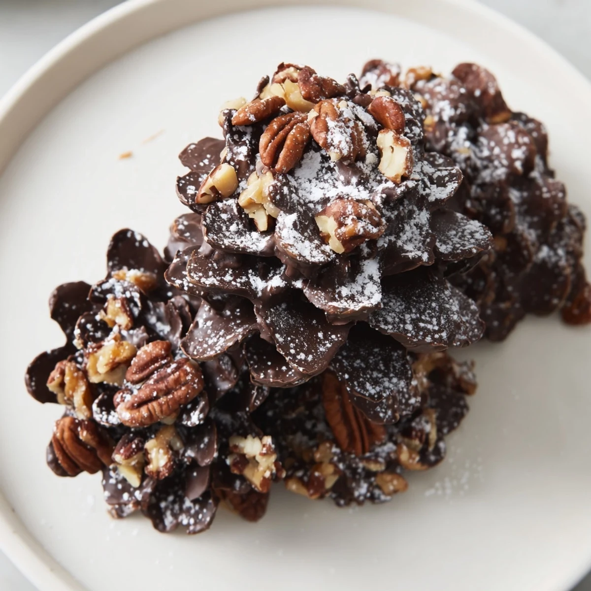 Chocolate Pinecone Nut Clusters, a rustic dessert, showcase crunchy chocolate-covered pecan clusters ready to enjoy.