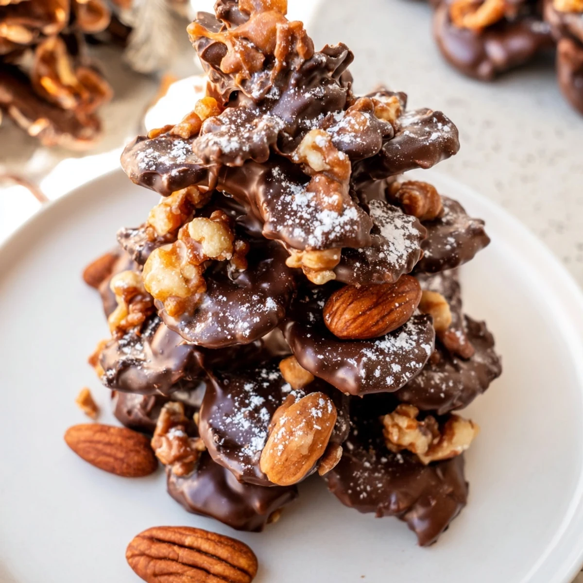 These charming Rustic Dessert: Pinecone Chocolate Nut Clusters are dusted with powdered sugar, ready to serve and savor.