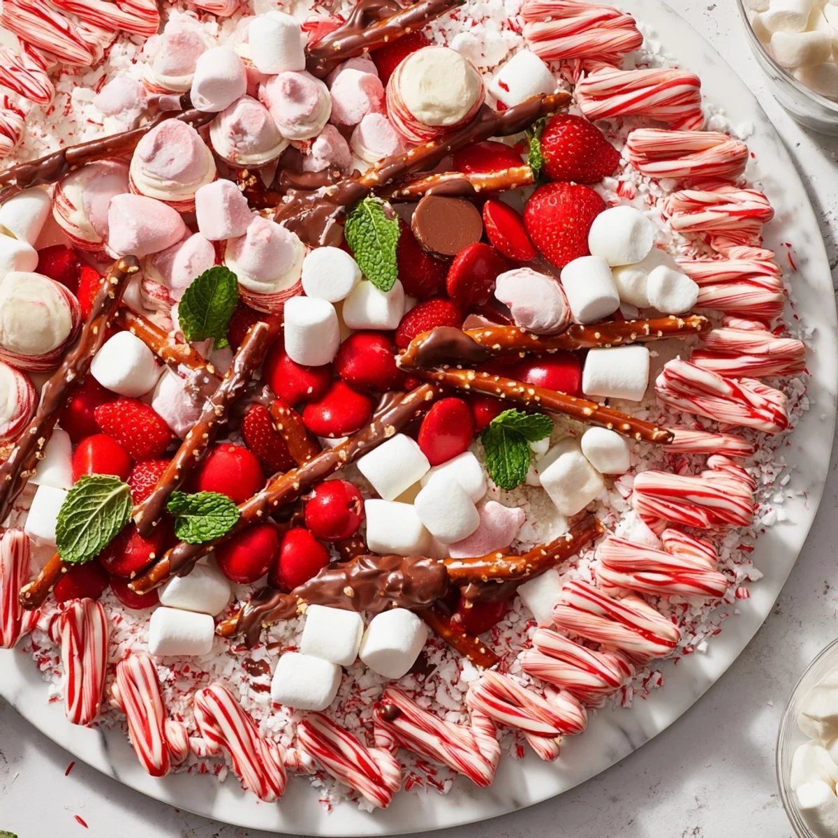 Candy Cane Dessert Platter overflowing with colorful treats, perfect for a holiday party spread.