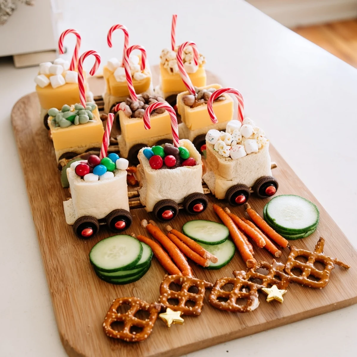 Festive Polar Express Train Treat Board, filled with colorful snacks like marshmallows and pretzels, ready to eat.