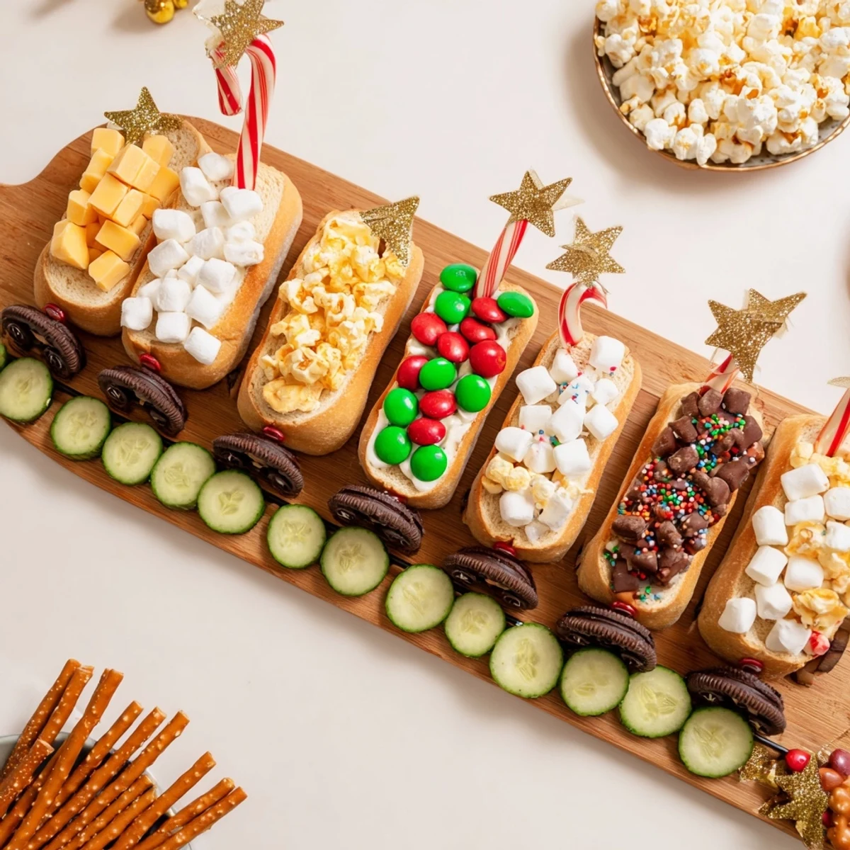 A fun holiday Polar Express Train Treat Board, with mini pretzel train tracks and sweet candy accents.