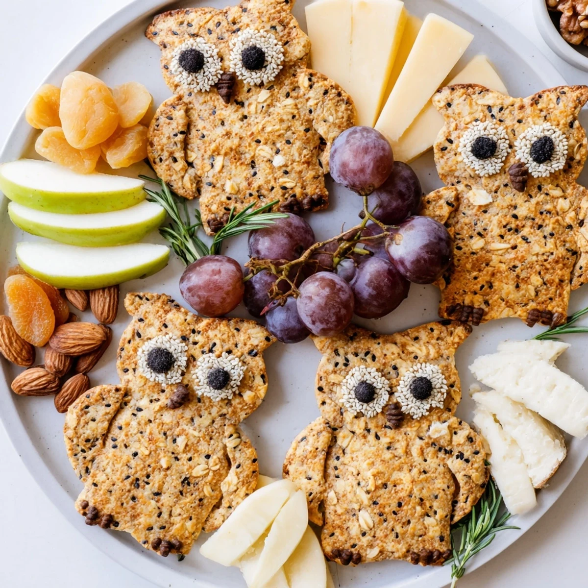 Delightful Owl Cracker and Cheese Board arranged with cheeses, fruits, and Rosemary for a charming appetizer.