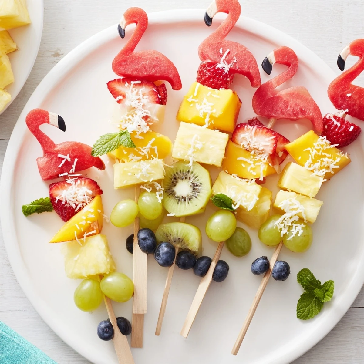 Flamingo Fruit Skewer Platter: A colorful arrangement of vibrant tropical fruit skewers, perfect for summer eating.
