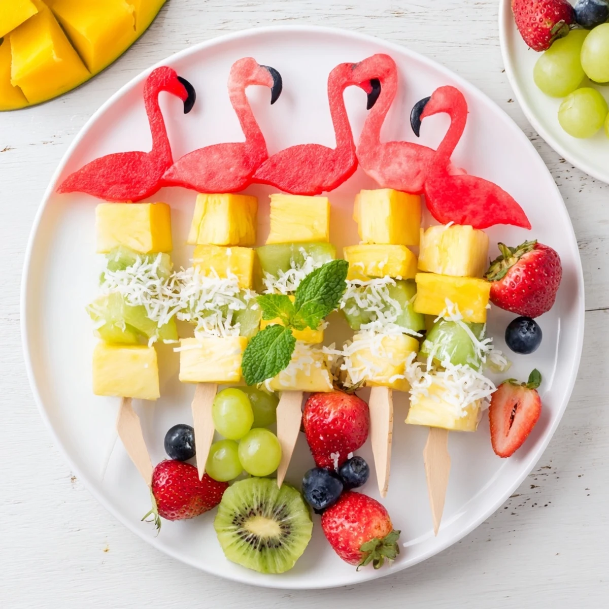 Enjoy this sweet Flamingo Fruit Skewer Platter, a delightful mix of fresh fruits, ready to serve and enjoy.