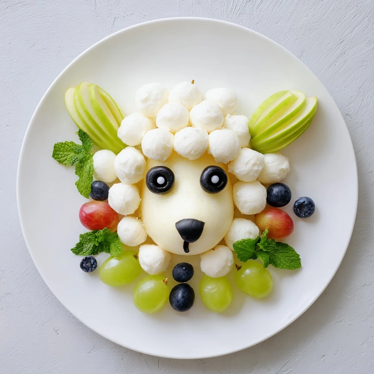 Lamb Face Fruit and Cheese Platter: A fresh fruit and cheese creation with mozzarella "wool," green apples as ears, and olive eyes.