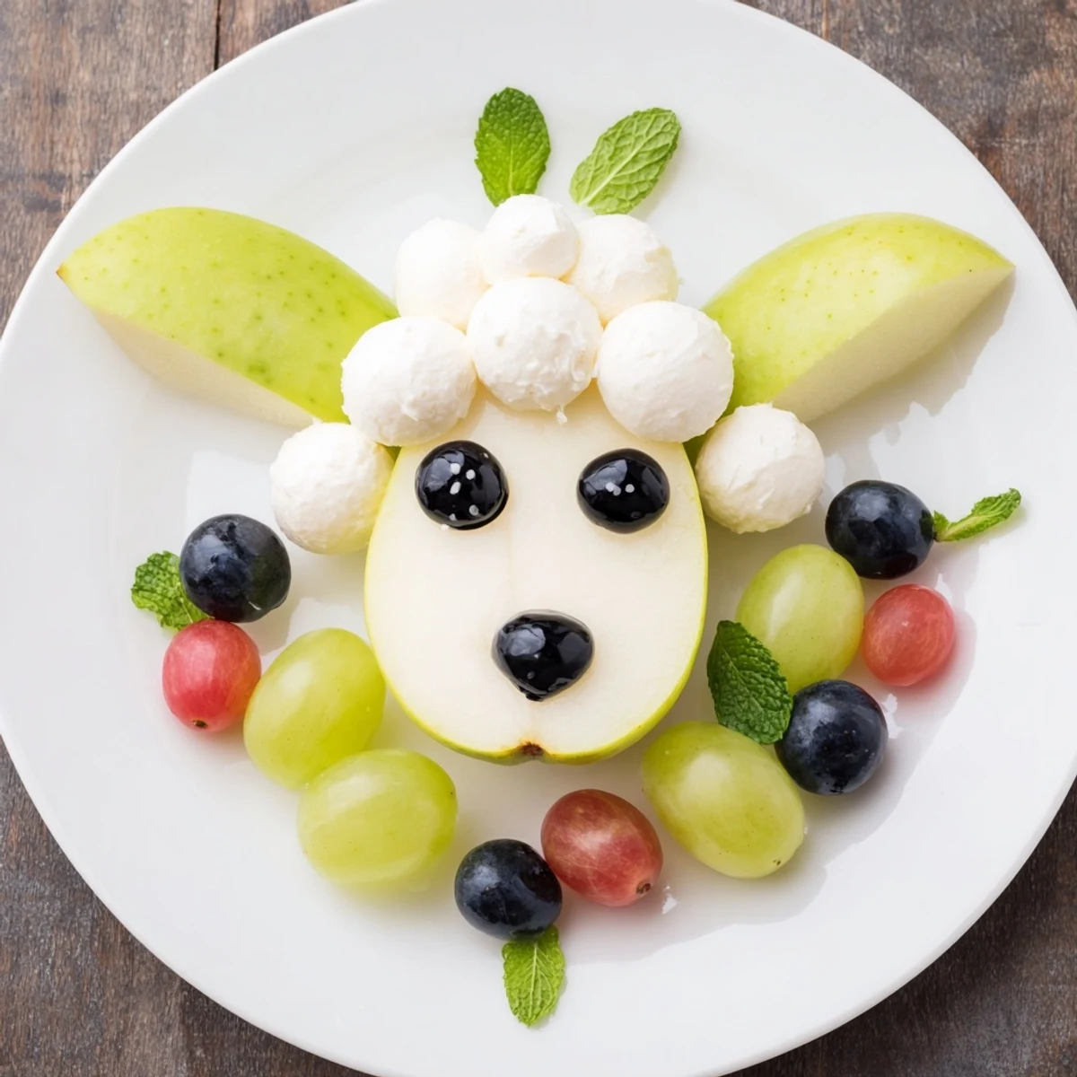 Lamb Face Fruit and Cheese Platter: A whimsical, eye-catching appetizer featuring a pear "face" surrounded by grapes and cheese.