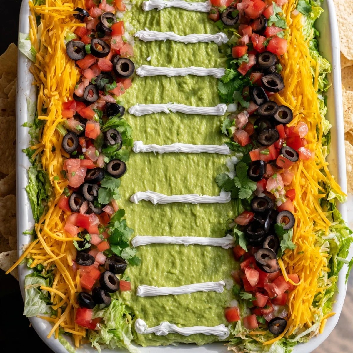 Vibrant Football Field Dip Platter, layered with cheeses, salsa, and creamy guacamole for game day snacks.